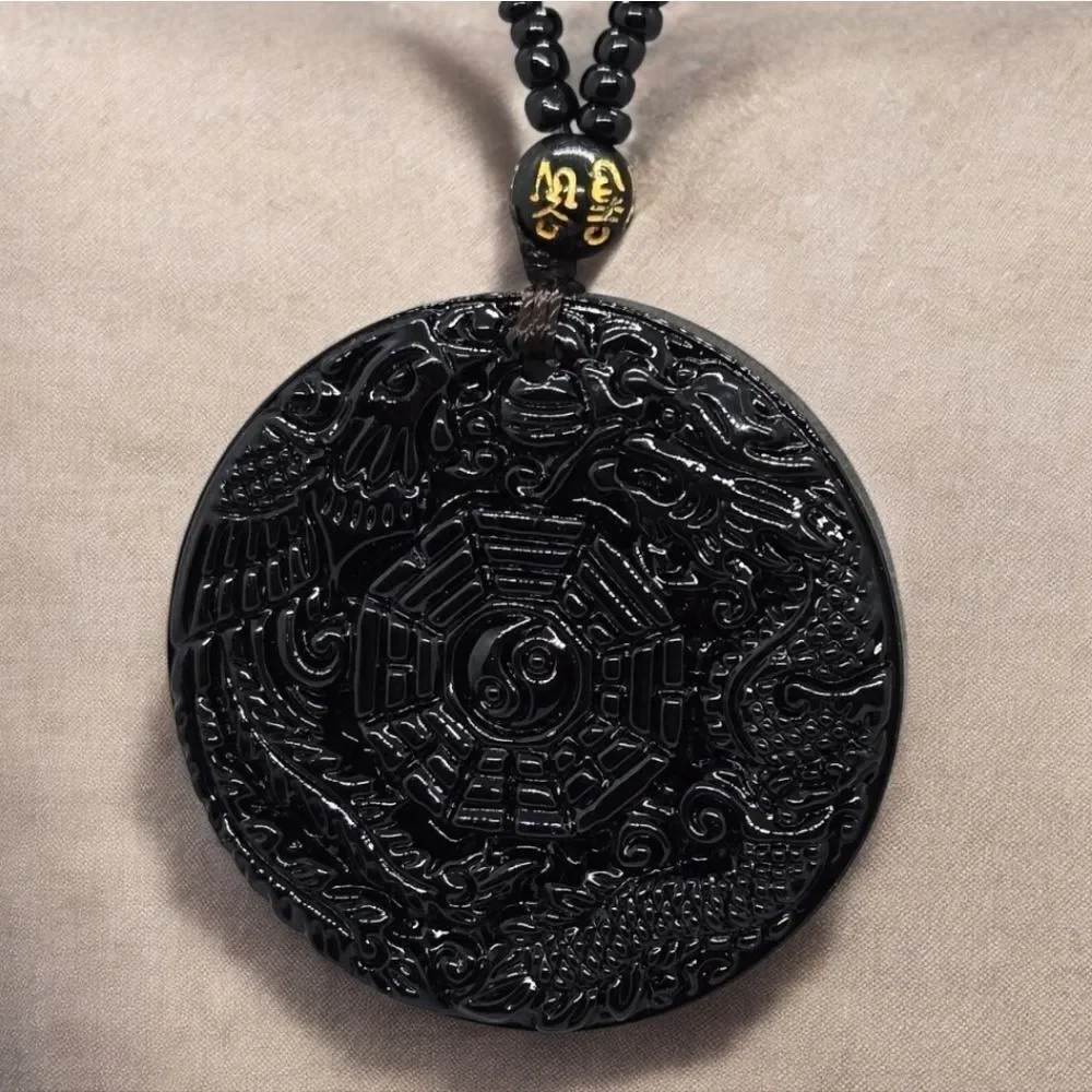 Black Obsidian Dragon Phoenix Pendant Necklace Feng Shui Good Luck Charm Fantasy